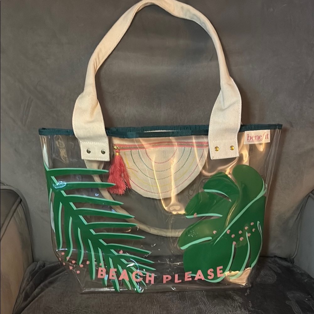 Benefit Transparent Tote with Green Leaf and Pink Accents